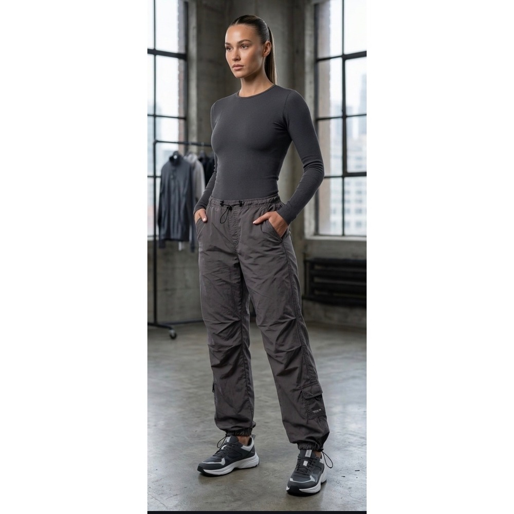 Garage Womens Grey Cargo Pants Bungee Waist Ankle Cotton Parachute XS #157